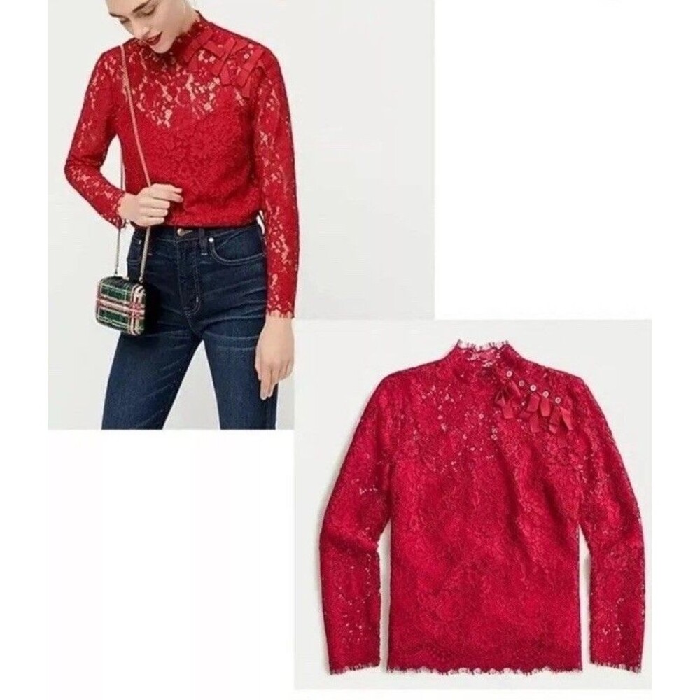 J.Crew Women’s Mock Neck Long Sleeve top in floral lace Festive Red Size 6